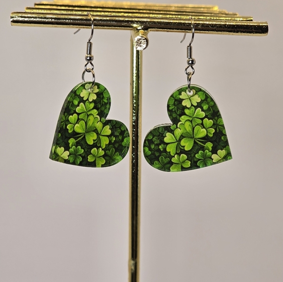 Heart Shaped Shamrock Green Acrylic Earrings - Picture 4 of 4